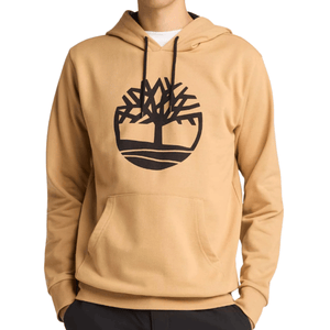 A beige hoodie with a front pocket and a black tree logo on the chest.