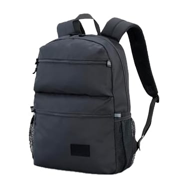 A black backpack with multiple zippered compartments and two mesh side pockets.