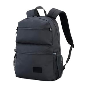 A black backpack with multiple zippered compartments and two mesh side pockets.
