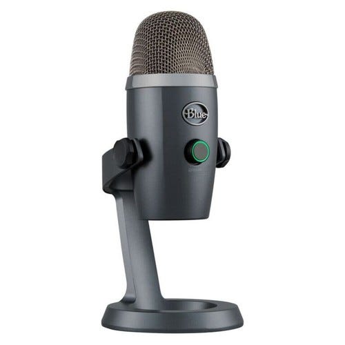 A Blue USB microphone with a metal grille, mounted on a stand, featuring a gain control knob and adjustable side mounts.