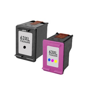 HP 63XL Ink Cartridge Combo Pack includes a high-yield black ink cartridge (F6U64AN) and a tri-color cartridge (F6U63AN) for extended printing capacity.