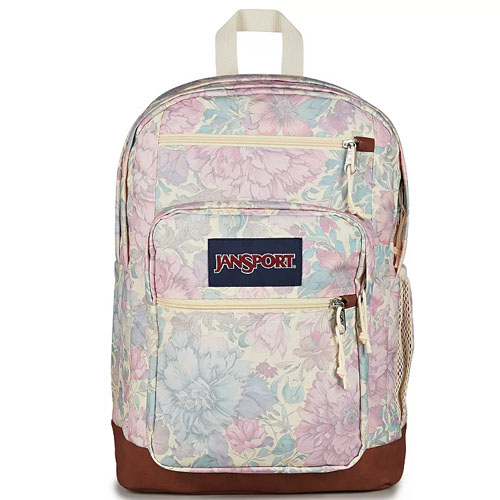 Floral-patterned JanSport backpack with multiple zippered compartments and a brown base, featuring a white haul handle and side mesh pocket.
