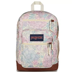 Floral-patterned JanSport backpack with multiple zippered compartments and a brown base, featuring a white haul handle and side mesh pocket.