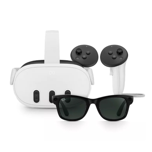 A virtual reality headset with two hand controllers and a pair of smart glasses.