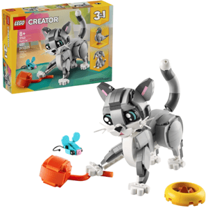 LEGO Creator 3-in-1 set 31133 features a Playful Cat, with two alternative builds: a dog and a bird. Includes 300 pieces suitable for ages 8 and up, and comes with accessories like a toy mouse and a yarn ball.