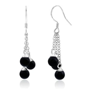 Pair of silver hook earrings featuring three black bead dangles on chain links.