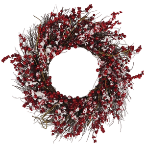 A decorative wreath made of red berries and twigs with artificial snow.