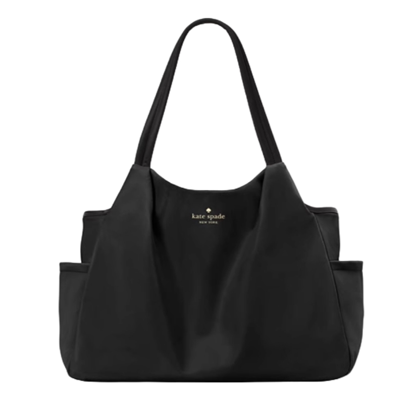 Kate Spade Large Baby Bag in black features a spacious interior with side pockets and dual top handles, made from a sleek fabric with the brand logo on the front.