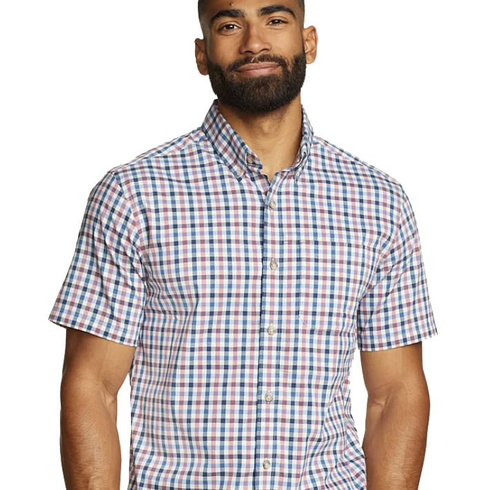 A man wears a short-sleeve, button-down shirt with a red, blue, and white checkered pattern.