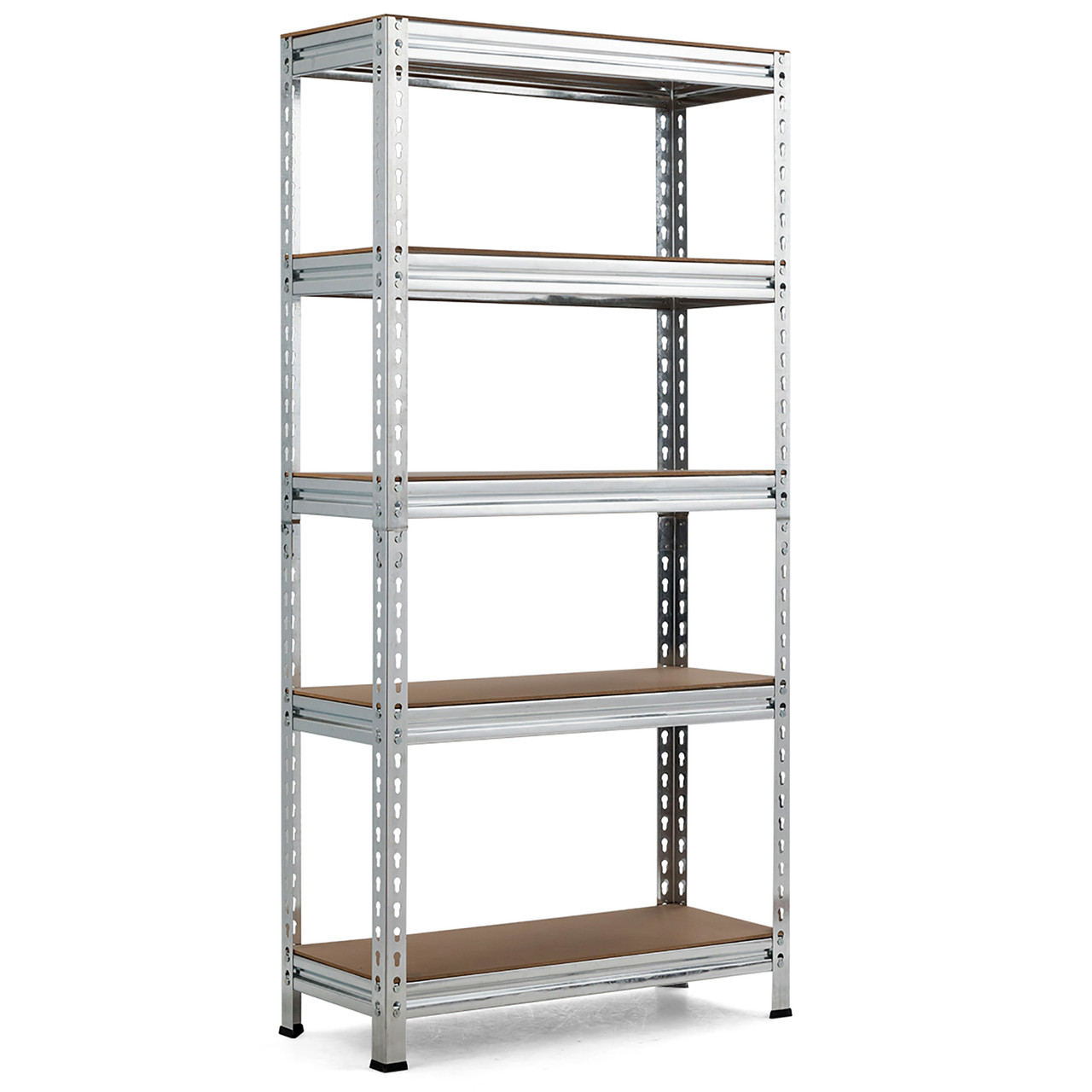 A metal shelving unit with a five-tier design, featuring brown shelves and silver metal frames.