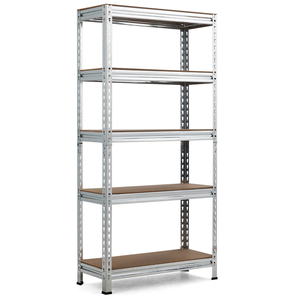 A metal shelving unit with a five-tier design, featuring brown shelves and silver metal frames.