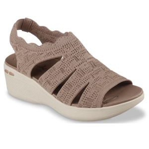 Open-toe taupe wedge sandal with a textured knit upper and cut-out design, featuring a slingback strap on a light-colored, ridged platform sole.