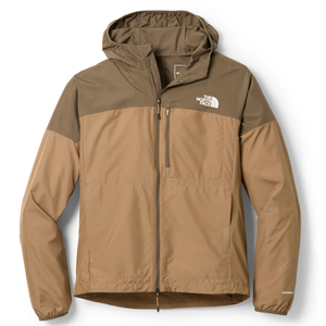 A tan and brown hooded jacket from The North Face featuring a full-front zipper, zippered chest pocket, and elasticized cuffs and hem.