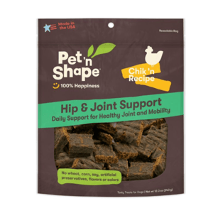 Pet 'n Shape Chik 'n Recipe Hip & Joint Support treats for dogs offer daily support for healthy joints and mobility, featuring no wheat, corn, soy, artificial preservatives, flavors, or colors. Made in the USA, 12.0 oz.