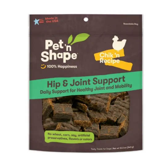 Pet 'n Shape Chik 'n Recipe Hip & Joint Support treats for dogs offer daily support for healthy joints and mobility, featuring no wheat, corn, soy, artificial preservatives, flavors, or colors. Made in the USA, 12.0 oz.