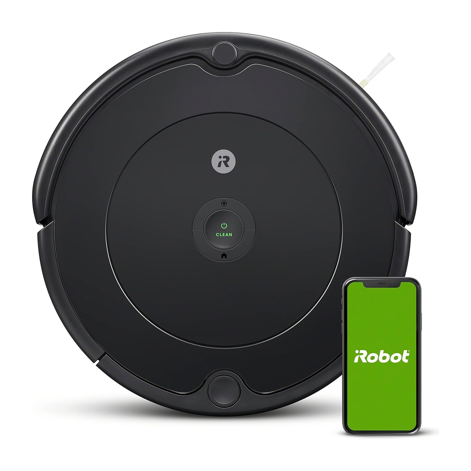 A black Roomba 694 robotic vacuum cleaner is shown next to a smartphone with the iRobot logo on its screen, depicting compatibility with the app for control.