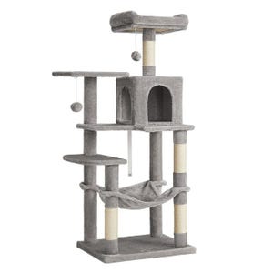 Grey cat tree with multiple platforms, a hammock, a cubby, and sisal-wrapped scratching posts, equipped with dangling pom-pom toys for play.