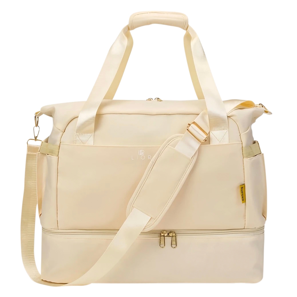 Beige travel bag with dual handles, adjustable shoulder strap, and a separate zippered bottom compartment.