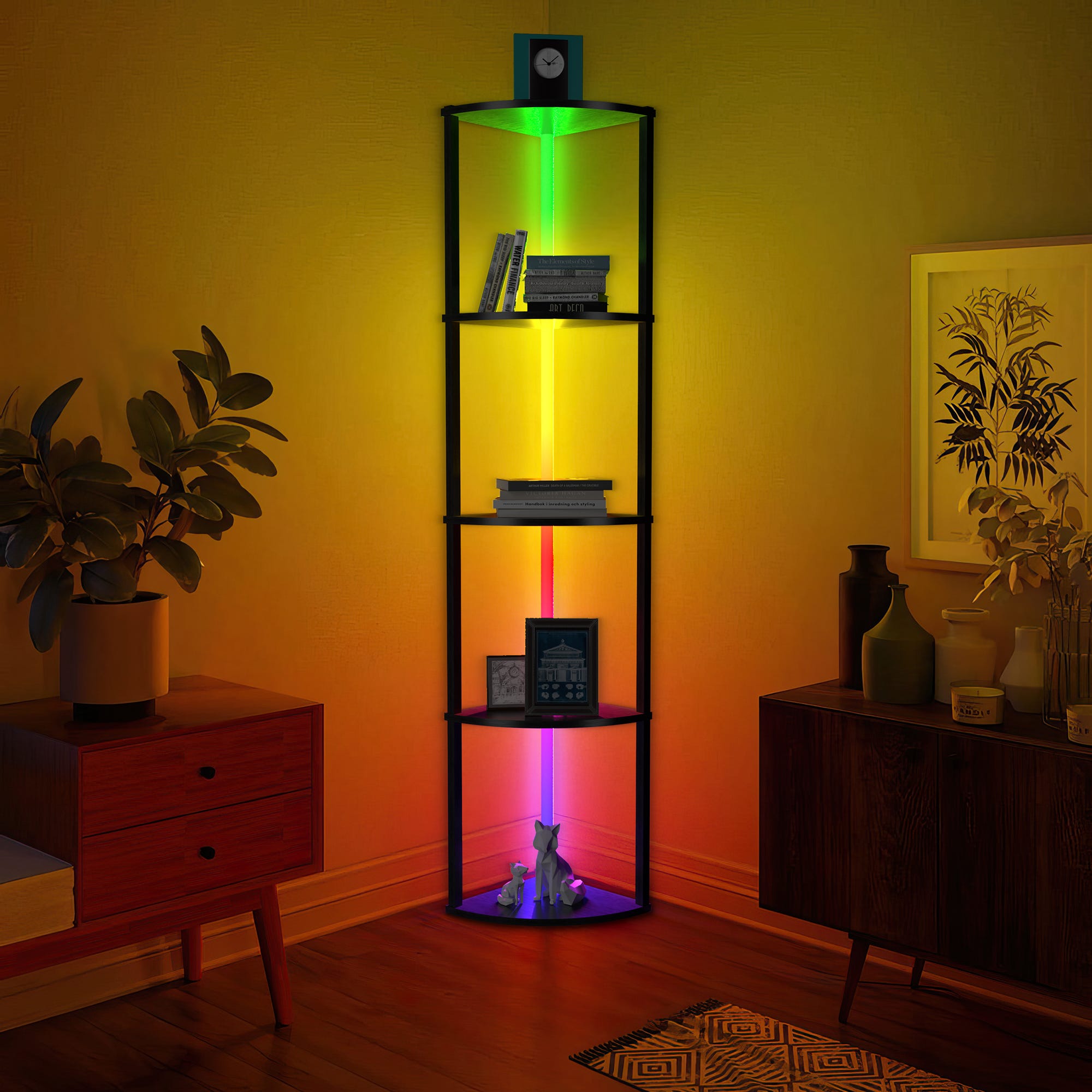 A corner shelving unit with LED lighting in various colors on each level, surrounded by home decor items like plants and vases.