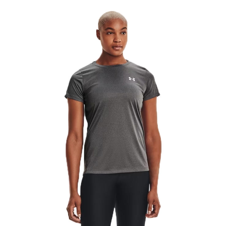 Gray short-sleeve athletic T-shirt with a fitted design and the Under Armour logo on the chest, worn by a female model.