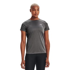 Gray short-sleeve athletic T-shirt with a fitted design and the Under Armour logo on the chest, worn by a female model.