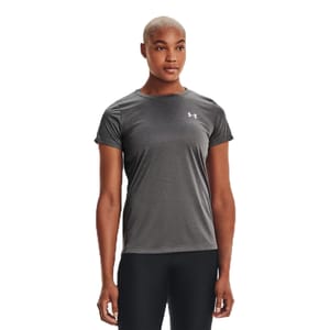 Gray short-sleeve athletic T-shirt with a fitted design and the Under Armour logo on the chest, worn by a female model.