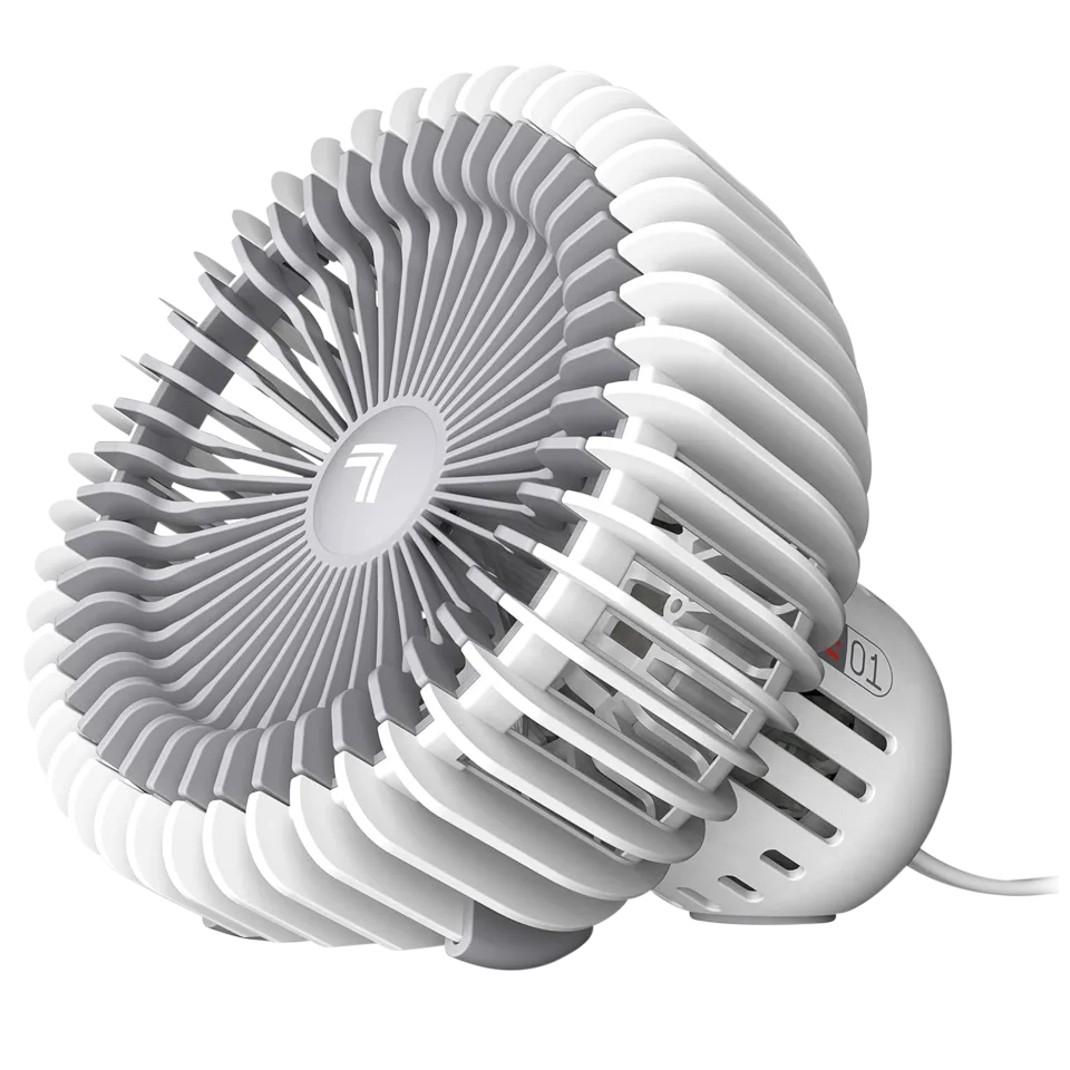 Compact white and gray portable fan with a unique circular design featuring slatted blades and a two-speed control switch.