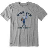 Gray T-shirt featuring a smiling stick figure basketball player holding a foam finger, with \“MICHIGAN\“ and \“LIFE IS GOOD\“ text.