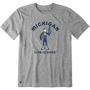 Gray T-shirt featuring a smiling stick figure basketball player holding a foam finger, with \“MICHIGAN\“ and \“LIFE IS GOOD\“ text.