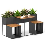 A multi-functional outdoor furniture set featuring a black wicker design with integrated planters and wooden slat tabletops. The set includes a table and two benches, suitable for small spaces like balconies or gardens.