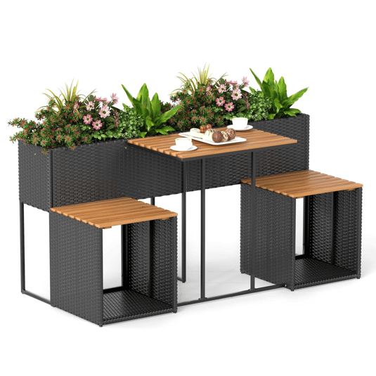 A multi-functional outdoor furniture set featuring a black wicker design with integrated planters and wooden slat tabletops. The set includes a table and two benches, suitable for small spaces like balconies or gardens.