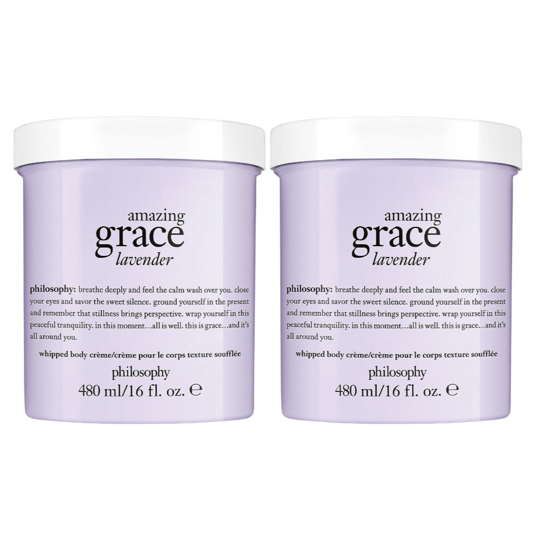 Two containers of Philosophy's \“Amazing Grace Lavender\“ whipped body crème, each 480 ml/16 fl. oz., featuring a calming lavender formula with soothing text on the packaging.