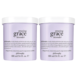 Two containers of Philosophy's \“Amazing Grace Lavender\“ whipped body crème, each 480 ml/16 fl. oz., featuring a calming lavender formula with soothing text on the packaging.