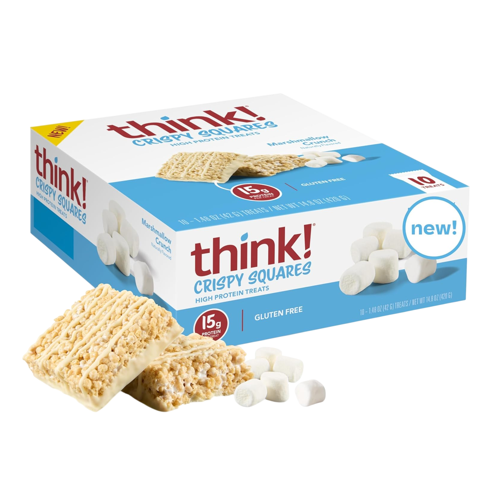 think! Crispy Squares, high protein treats in Marshmallow Crunch flavor, 15g protein per treat, gluten-free. Packaging indicates it contains ten 1.48 oz treats and is marked as new.