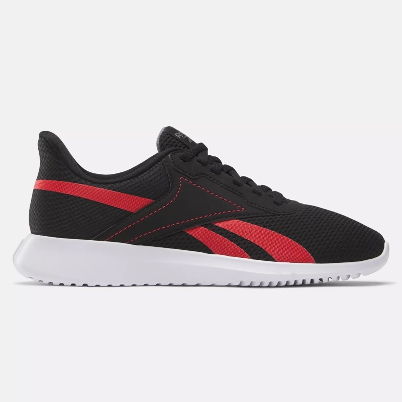 A black and red sneaker with a white sole.