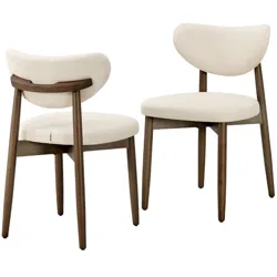 Two beige upholstered chairs with dark wooden frames and curved backrests designed for dining or seating areas.