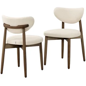 Two beige upholstered chairs with dark wooden frames and curved backrests designed for dining or seating areas.