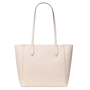 A light beige tote bag with long, slender handles and a minimalist design.