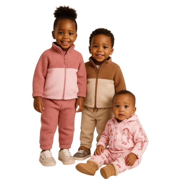 Three young children wearing cozy fleece outfits: one in pink, another in brown, and a baby in a pink patterned hoodie.
