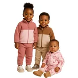 Three young children wearing cozy fleece outfits: one in pink, another in brown, and a baby in a pink patterned hoodie.