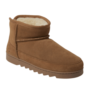 Brown suede ankle boot with a fuzzy interior lining and a flat, textured sole.
