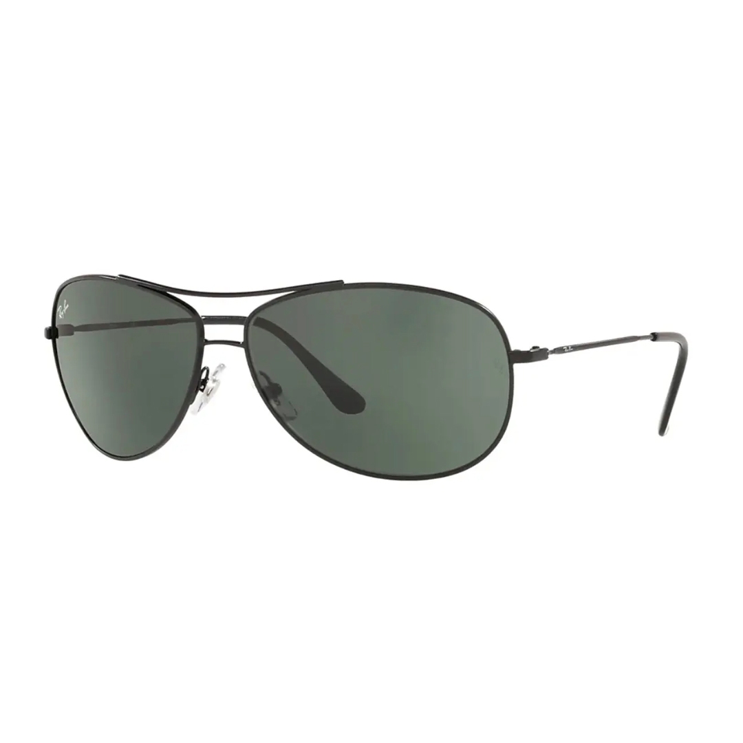 A pair of aviator-style sunglasses with a black metal frame and dark green lenses.