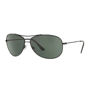 A pair of aviator-style sunglasses with a black metal frame and dark green lenses.