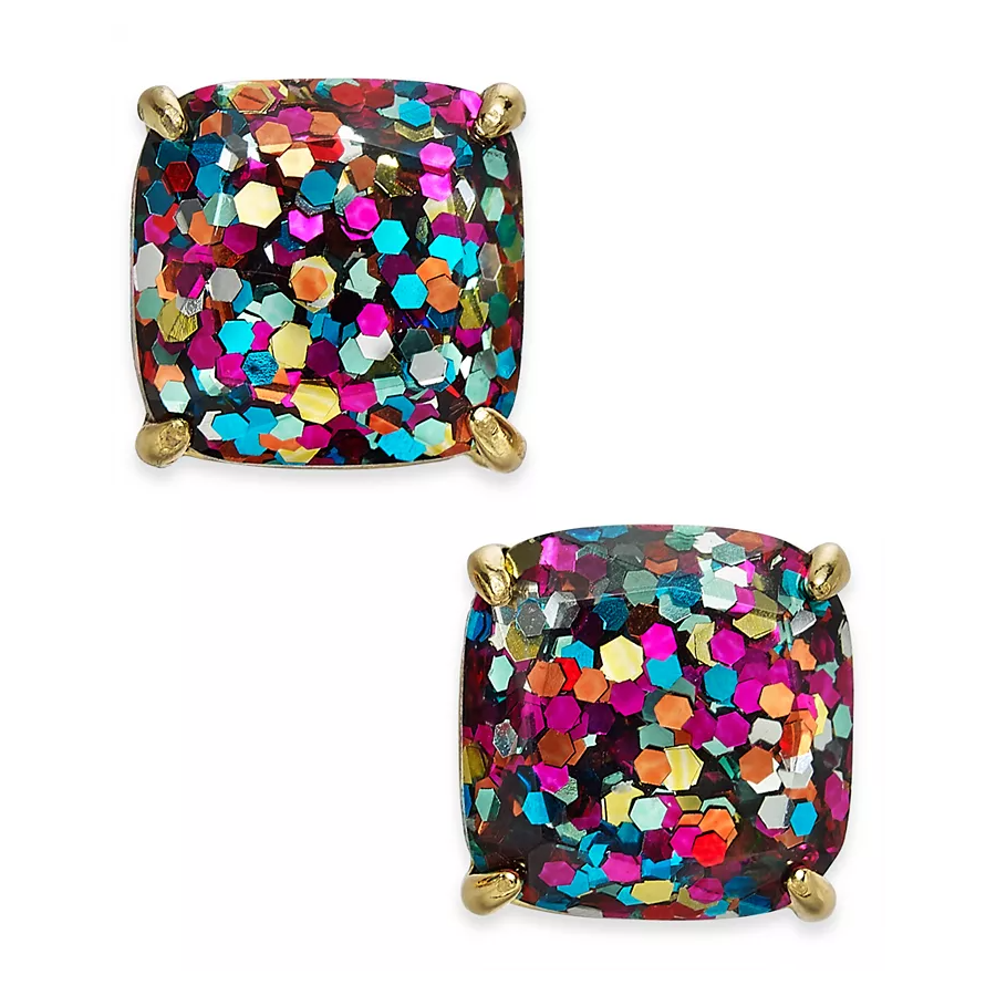 A pair of square-shaped stud earrings with multicolored glitter details set in a gold-tone metal.