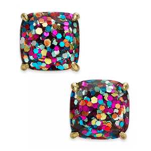 A pair of square-shaped stud earrings with multicolored glitter details set in a gold-tone metal.