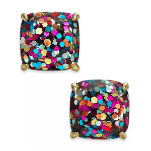 A pair of square-shaped stud earrings with multicolored glitter details set in a gold-tone metal.