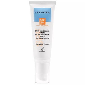 Sephora SPF 30 Daily Mineral Sunscreen is an unscented, broad-spectrum cream with 15.5% zinc oxide, providing an invisible finish for daily sun protection.