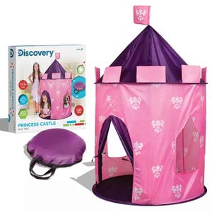 The Discovery Kids Princess Castle Play Tent is a pink and purple foldable play tent shaped like a castle, featuring fleur-de-lis designs. The package includes a carrying case and is suitable for children ages 4 and up.