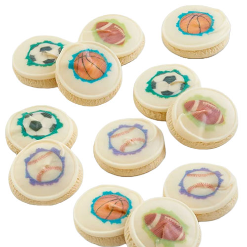 Cookies with sports-themed designs featuring basketballs, soccer balls, footballs, and baseballs.