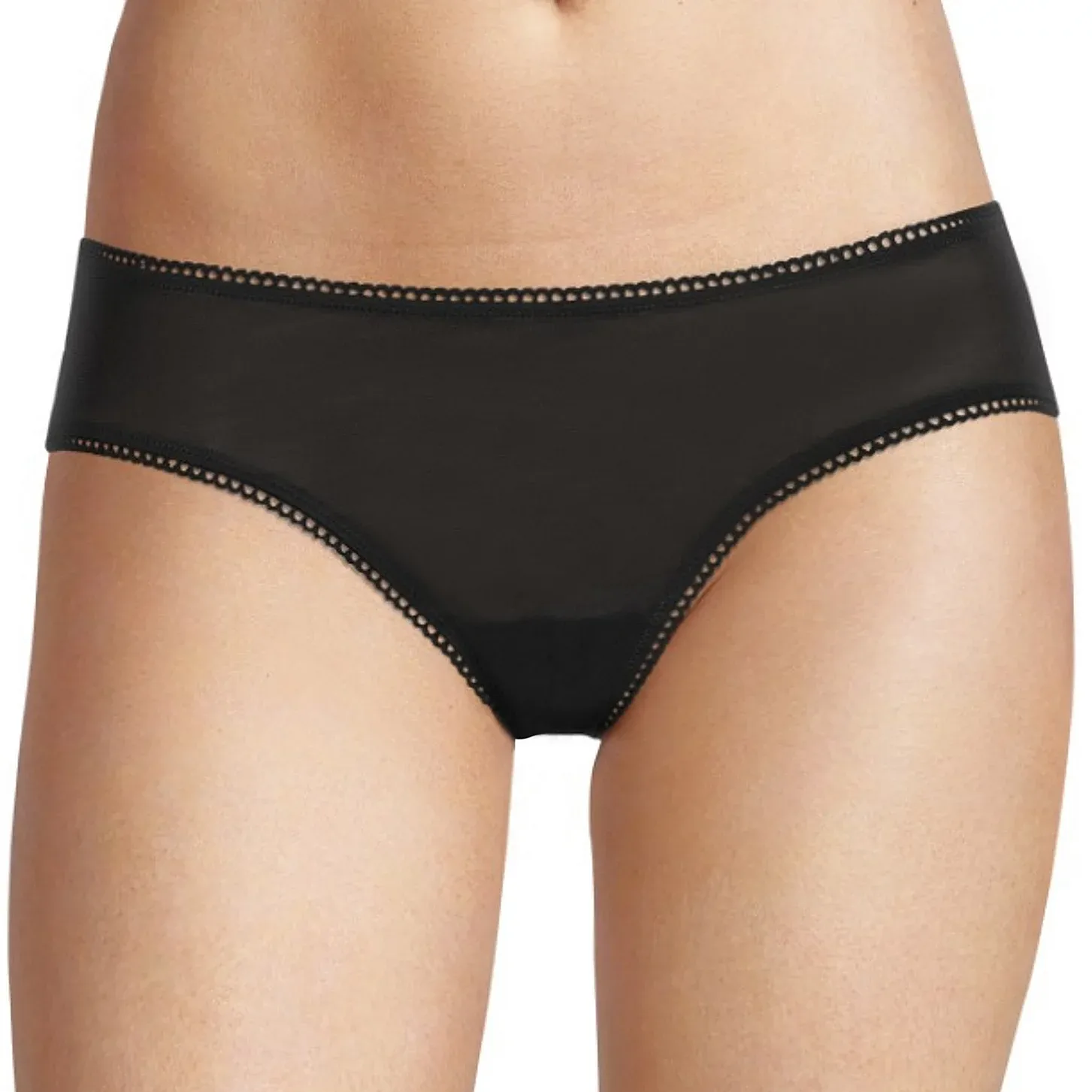 The Arizona Mesh Cheeky Panty is black, made of mesh fabric with a cheeky cut, featuring a subtle decorative trim along the waistband and leg openings.